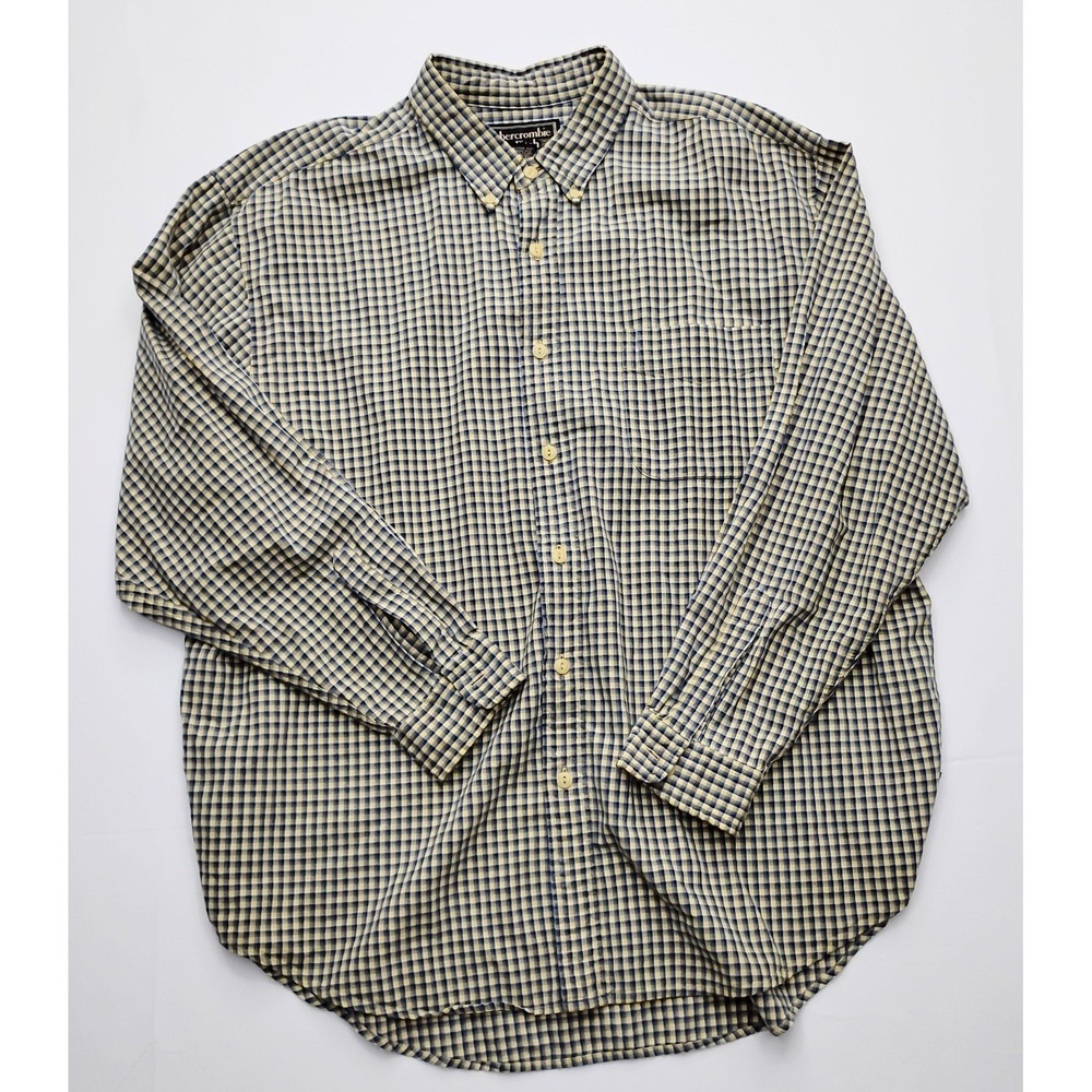 Abercrombie & Fitch Button Down Shirt Mens Plaid Yellow Blue Black Vintage Y2K L